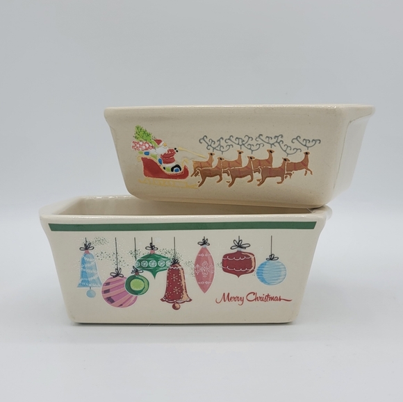 Nantucket Christmas Ceramic Mini Loaf Pans Vintage Ornaments & Santa Set of 2 - Picture 15 of 15